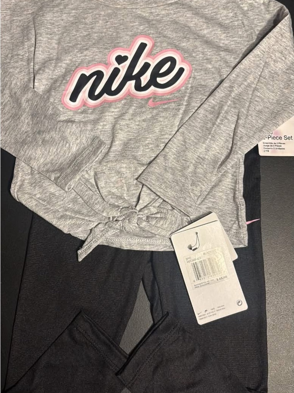 Nike Kids Gray Top with Pink-Accented Logo & Black Leggings